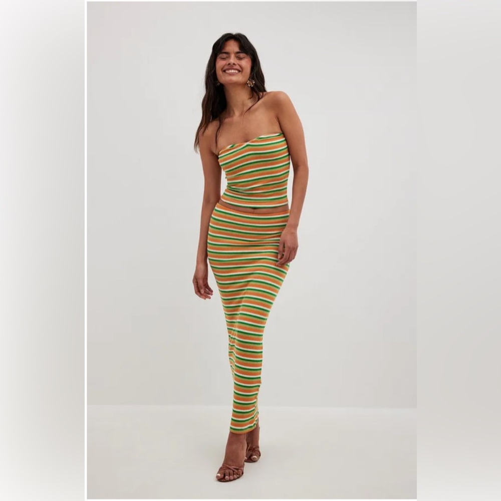 NA-KD Orange & Green Striped Pattern Maxi Pencil Bodycon Modest Stretch Skirt XL - Picture 2 of 15